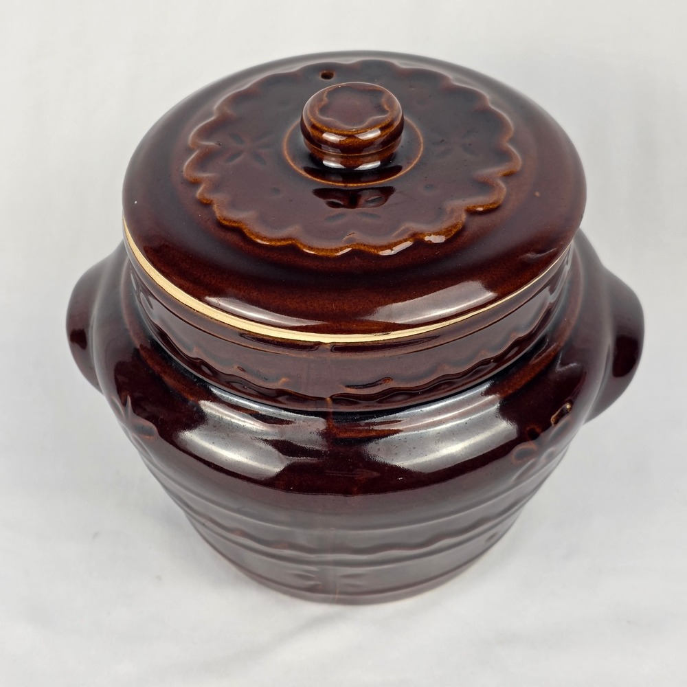 MAR‎ CREST Vtg Crock Pot Oven Proof Stoneware with Lid Brown 2 Handles Bean Pot - Picture 11 of 16